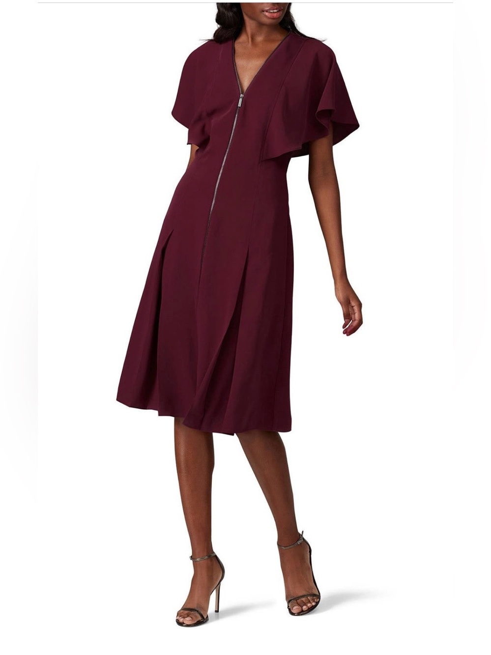 Ted Baker~Kasiane~Burgundy Zip-Front Flutter Midi Dress~Size 1 (US 4)~$329~